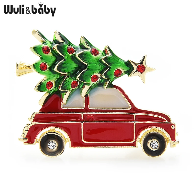 Wuli&baby 2021 New Year Enamel Car Christmas Tree Brooch Pins Women Fashion Jewelry Gift Trendy Brooches