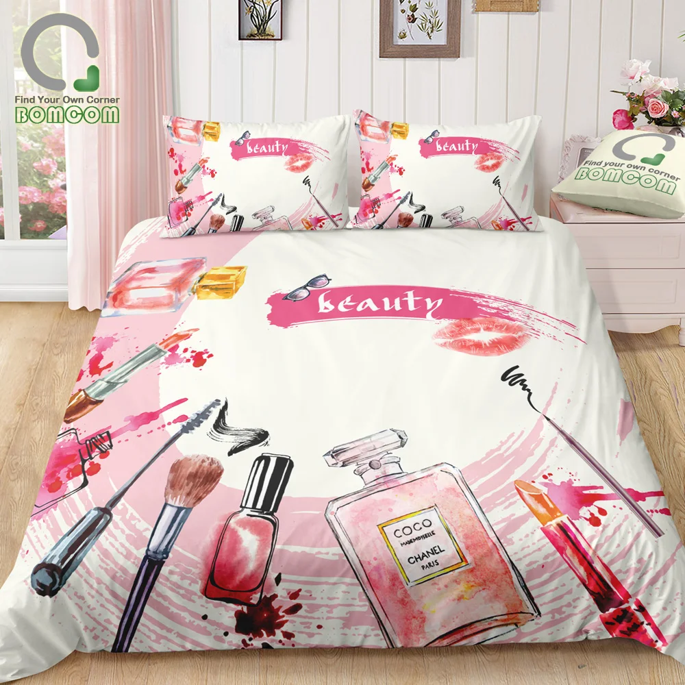 

BOMCOM 3D Digital Printing Duvet Cover Set Beauty Girl Cosmetics Collection Makeup Fashion Woman Bedding Set 100% Microfiber