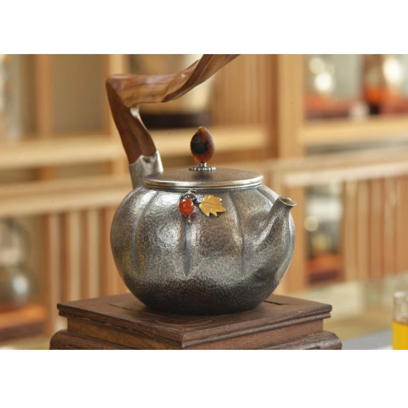 Silver pot 999 sterling silver handmade tea set Japanese retro teapot kettle home tea ceremony Kungfu tea set 600ml