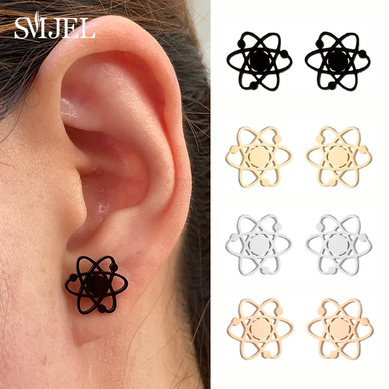 Creative Chemistry Atom Stainless Steel Earrings Gold Color Science Pendant Studs Jewelry Geometric Graduation Gift Friend