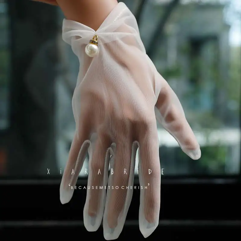 Guantes cortos de gasa de encaje para mujer, manoplas transparentes a prueba de rayos UV, color Beige, para boda y verano, R5, 2018