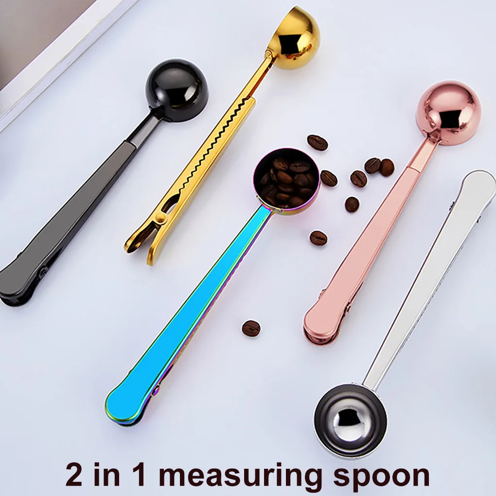 Two-in-one Stainless Steel Coffee Spoon Sealing Clip Kitchen Gold Accessories Recipient Cafe Expresso Cucharilla Decoration