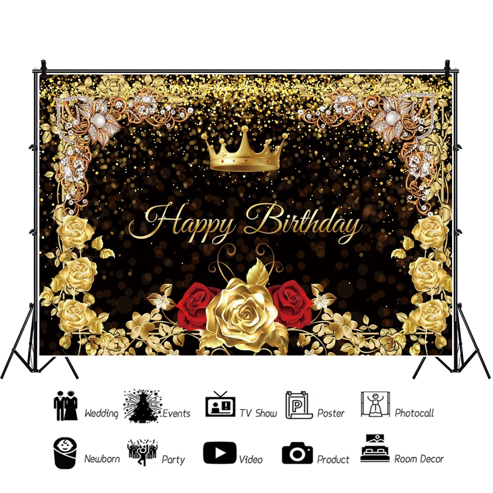 Laeacco Gold Rose Happy Birthday Photo Backdrop Light Bokeh Crown Diamond Women Girls Portrait Customized Photography Background