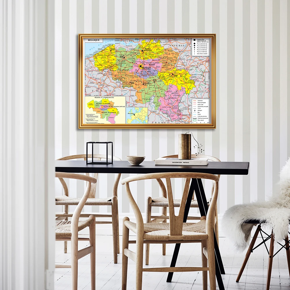 Mapa de transporte de Bélgica con detalles en francés, póster artístico de pared, lienzo, pintura, decoración del hogar, suministros escolares, 90x60cm