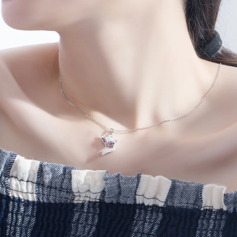 Fox Pendant Necklace Purple Crystal Eyes 925 Sterling Silver Cubic Zirconia Fashion Bridal Wedding Jewelry Women Accessories New