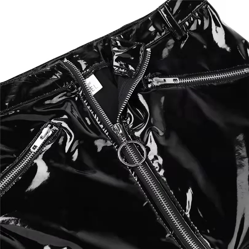 Frauen Sexy Wetlook Leder Mantel Kleid Weibliche Erotische Porno Öffnen Gabelung Tasche Hüfte Rock Glänzende Gestaltung Latex Taille Mini Rock