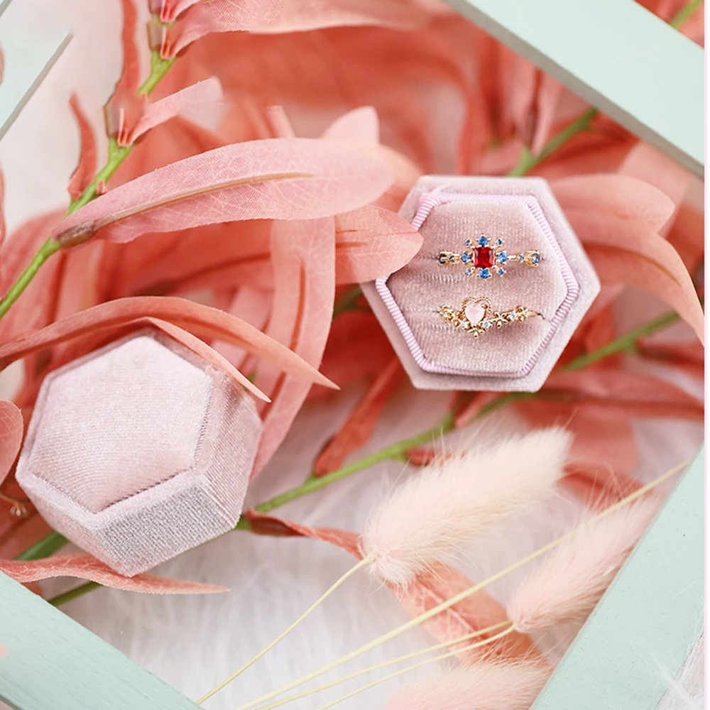 Hexagon Shape Velvet Jewelry Box Double Ring Storage Box Wedding Ring Display For Woman Gift Earrings Packaging