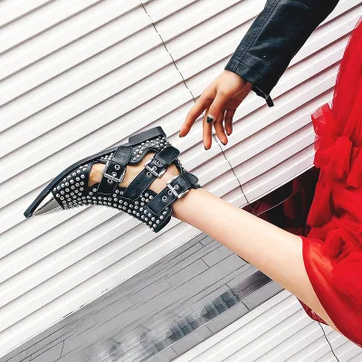 Spring Summer Black White Studded Hollow Out Short Ankle Boots For Women Sliver Metal Toe Flat Heels Booties Buckle Zapatos