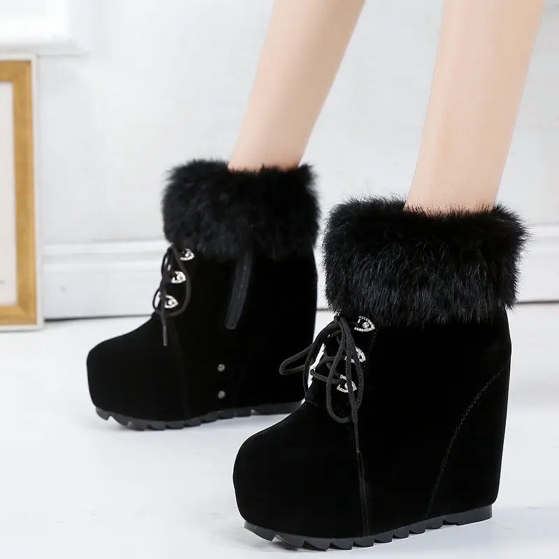 Winter Women\'s Platform Winter Boots Thick-soled Women Wedge Ankle Boots Inner Increase Warm Plush Female High-heel Boots