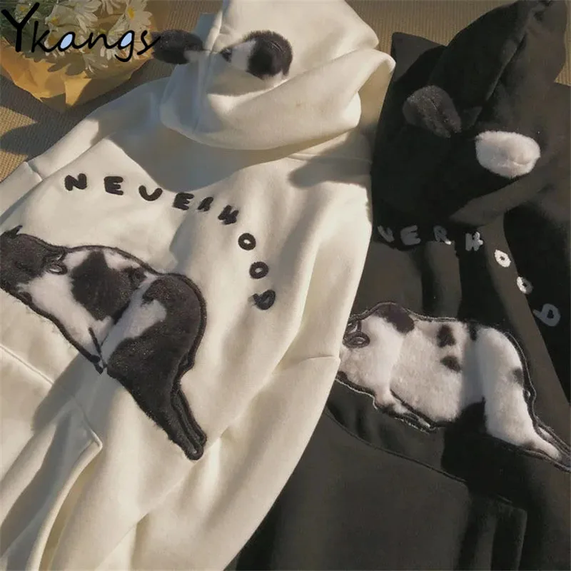 

Y2k Cow Embroidery Thick Plush Chic Pullover Women Kawaii Korean Loose Long Sleeve Hoodies Goth Harajuku Winter Sweatshirt Femme