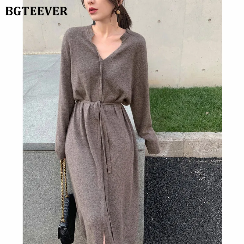 BGTEEVER Vintage Women Knitted Dress Autumn Winter Brief V-neck Warm Drawstring Lace-up Loose Midi Female Sweater Dress 2020