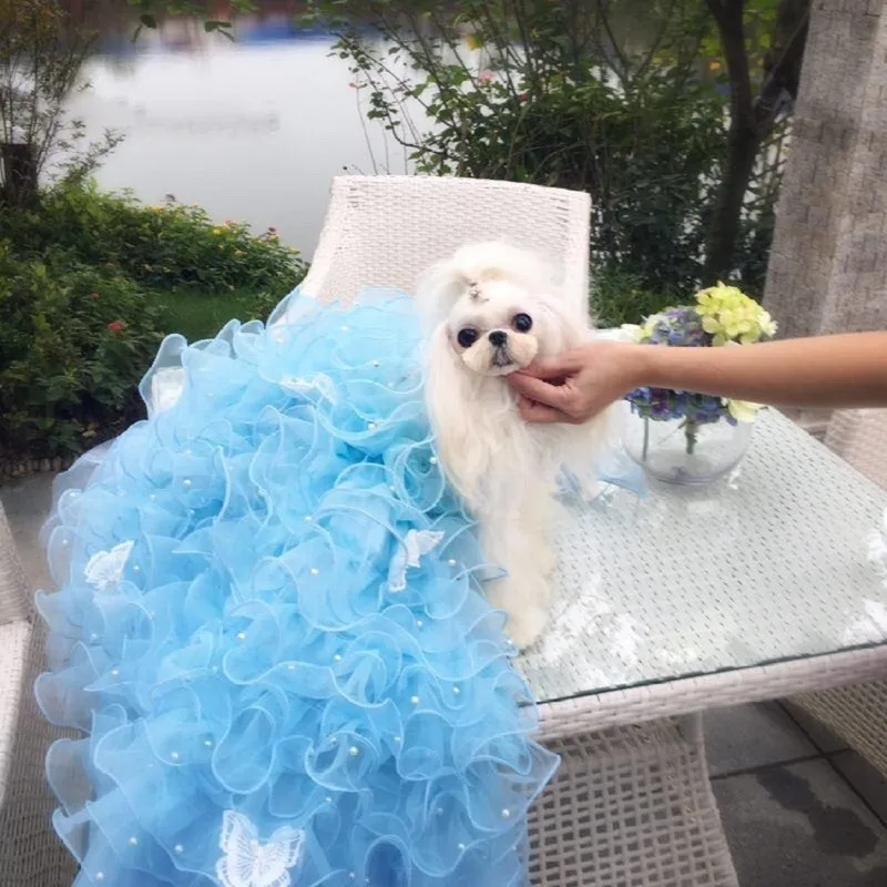 Handmade Dog Clothes Pet Supplies Trailing Dress Gown Blue Hemming Pearl Lace Butterfly Princess Tiered Skirt Tulle One Piece