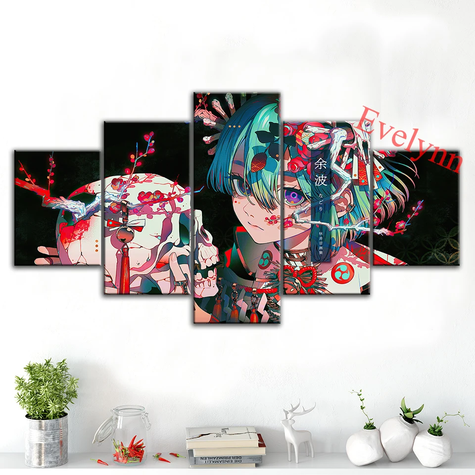 

5 Piece Anime Poster Girl With Skull Flowers Modern Canvas Wall Art Print Modular Pictures Living Room Home Decor Painting Frame