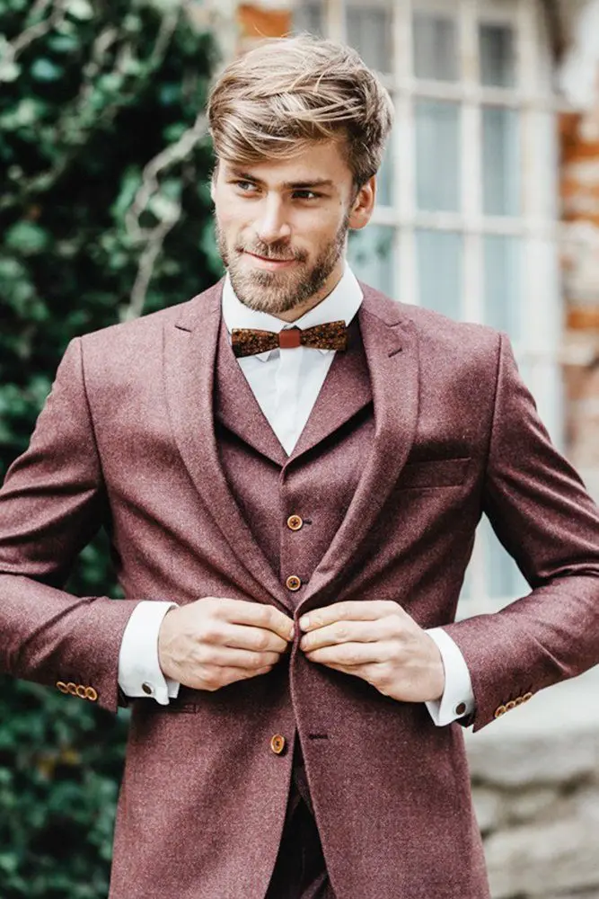 

(Jacket+Pants+Vest) Autumn Men Suit Wedding Burgundy Tweed 3 Piece Slim Fit Tuxudos Clothing Formal Evening Party Custom Made