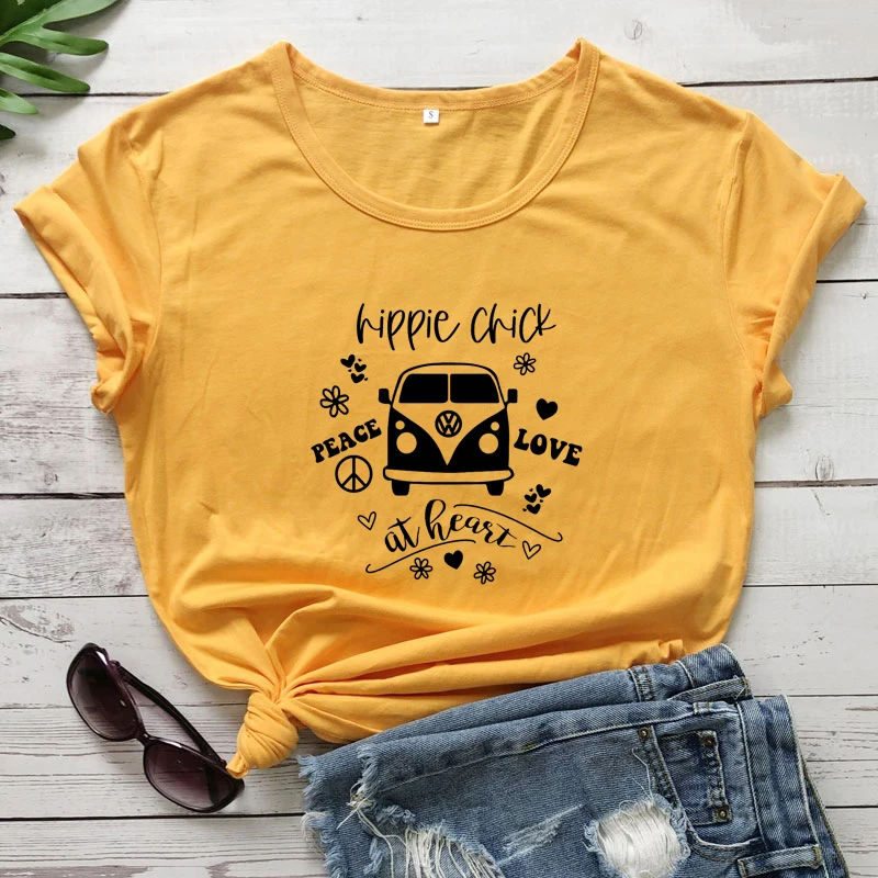 Hippie Chick At Heart T-shirt Women Vintage Boho Hippie Soul Tshirt Funny Happy Camper Graphic Tee Shirt Top