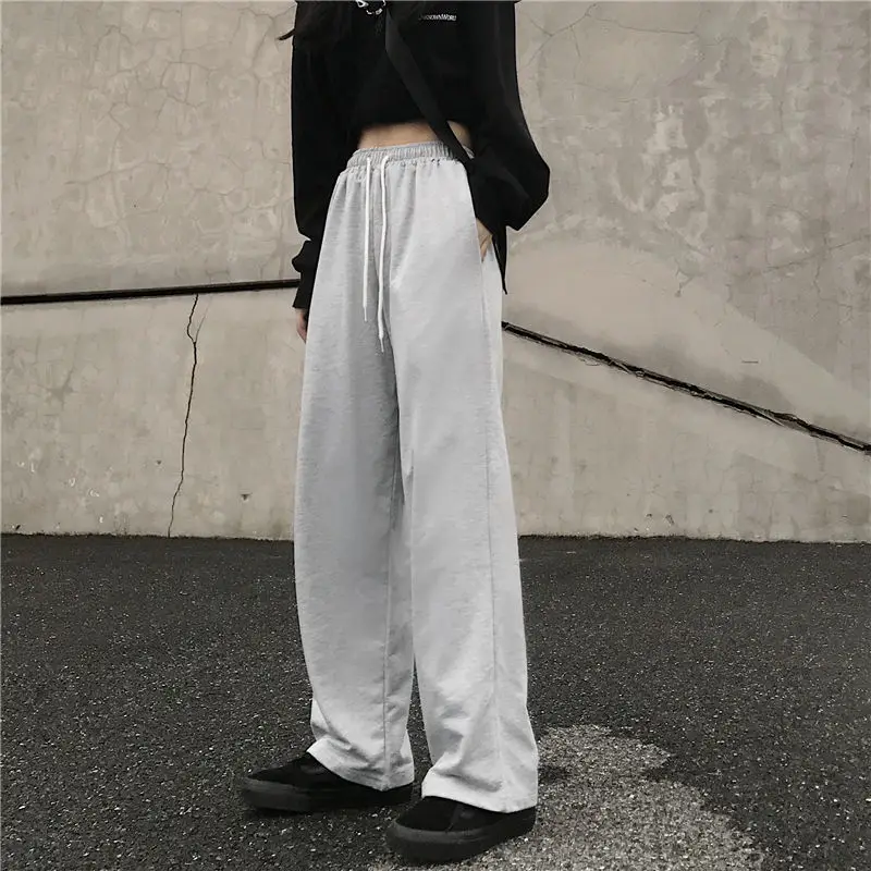 Harajuku Causal Pants Women Spring Couples Loose High Street All-match Elastic Waist Trousers Basic Solid Comfortable Mopping BF