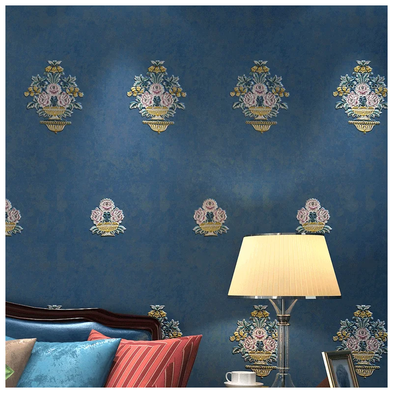 Milan American Style Embroidery Seamless Wall Cloth European Style Bedroom Hallway TV Background Wall Blue Wall Covering Fabric