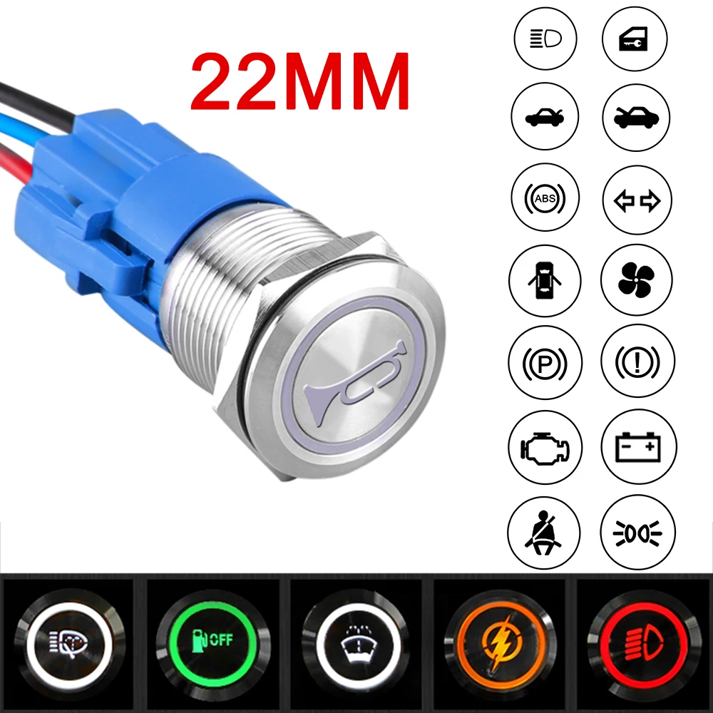 22mm Metal Luminous Word Luminous Drawing Push Button Switch Automobile Refitting Switch Latching/Momentary ON OFF 12V 24V