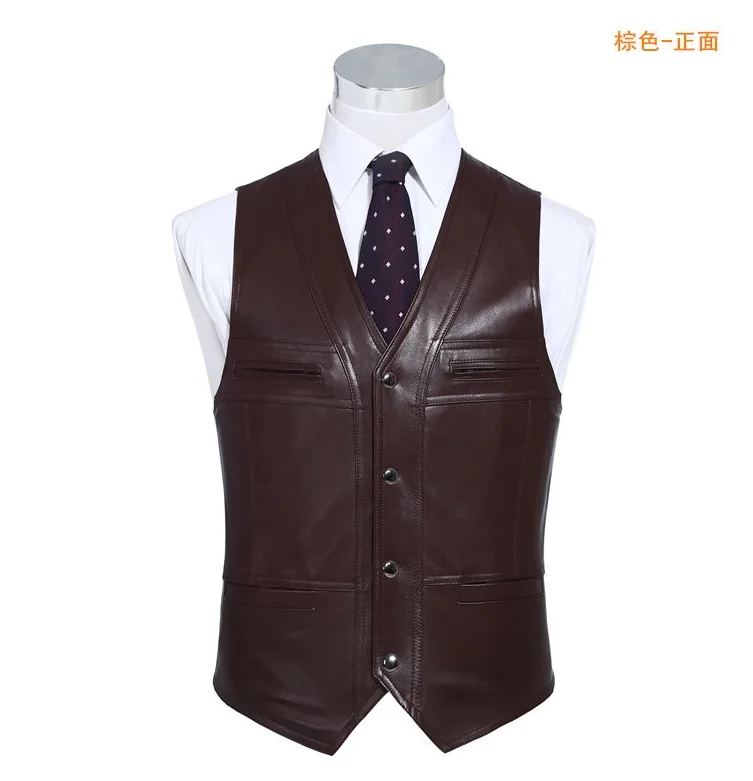Men\'s Genuine Gentleman Business Casual Slim Fit Sheepskin Real Leather Waistcoat Tank Top Sleeveless Jacket Vest