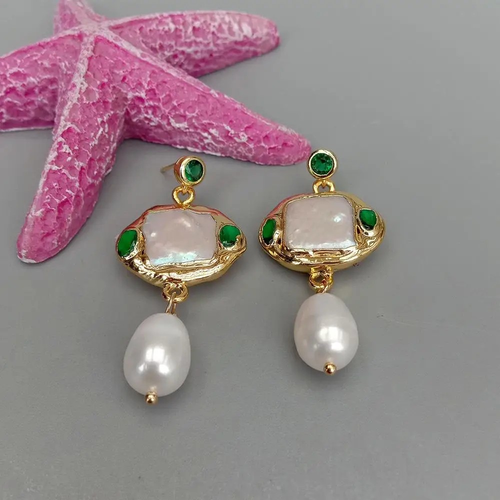 YYGEM Freshwater Cultured White Square Pearl Rice Pearl Green Crystal Dangle Stud Earrings