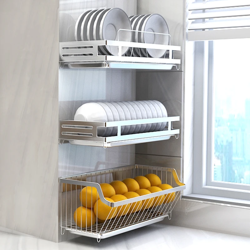 304 Stainless Steel Wall Mount Kitchen Storage Rack Dish Drainer Plate Drying Shelf  Cover Cutlery Holder Oragnizer Accessories