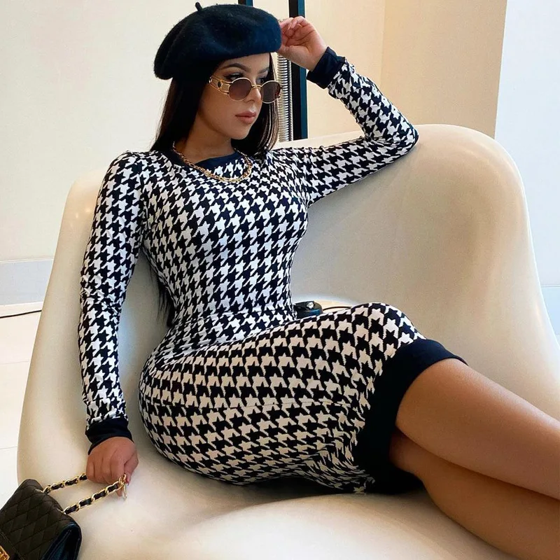 Houndstooth Print Women Long Sleeve Midi Dress Hollow Out Bodycon Sexy Streetwear 2023 Autumn Winter Club Elegant Slim