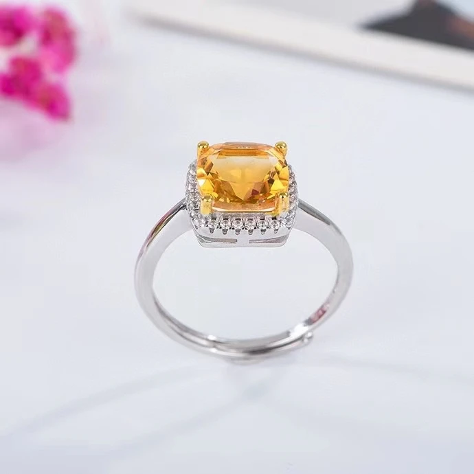 Classic Silver Citrine Ring for Office Woman 7mm VVS Grade Natural Citrine Silver Ring Solid 925 Silver Citrine Jewelry