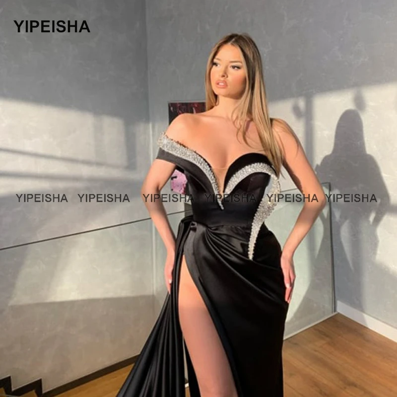 Yipeisha Asymmetrische Mermaid Black Prom Jurken Met Strass Rood Satijn Side Slit Avondjurk Lange Trein Formele Jurken 2021