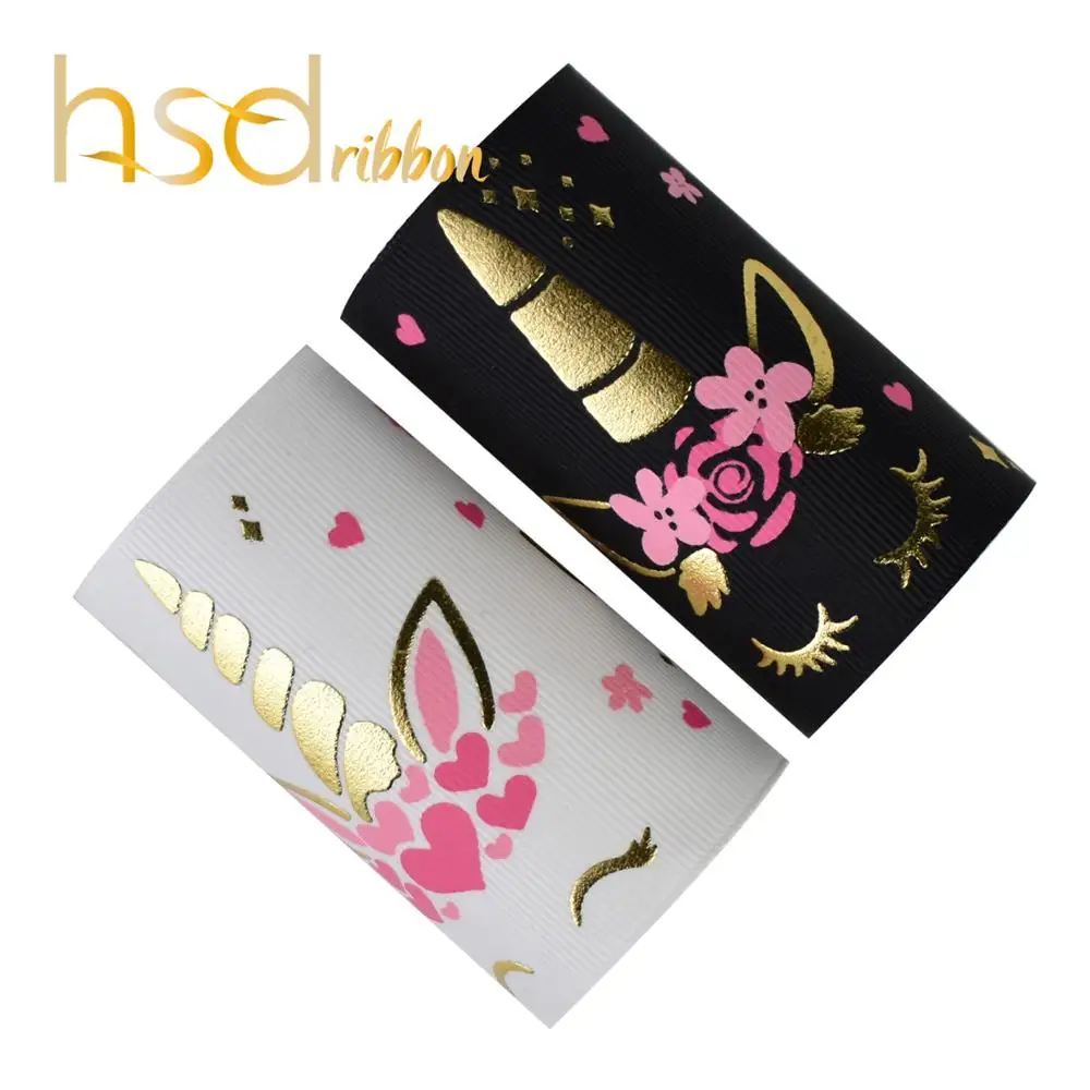 

HSDRibbon 75mm 3 inch hsd-design Genuine unicorn series ink with gold foil on Grosgrain Ribbon