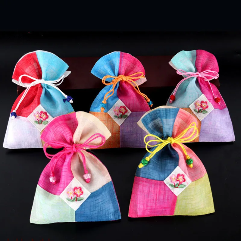 Patchwork Colorful Small Cloth Jewelry Pouch Gift Packaging Bags  Embroidery Flower Drawstring Bag Empty Sachet Pouch 10pcs/lot