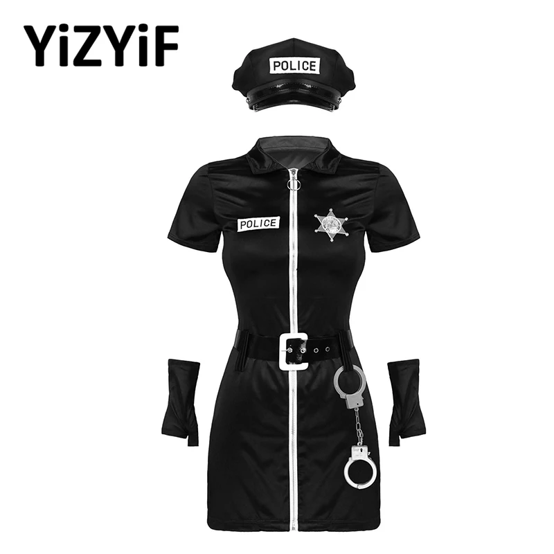 

6Pcs Womens Police Officer Costume Cosplay Black Cop Uniform Outfit Bodycon Mini Dress With Hat Badge Belt Gloves And Cuffs Set