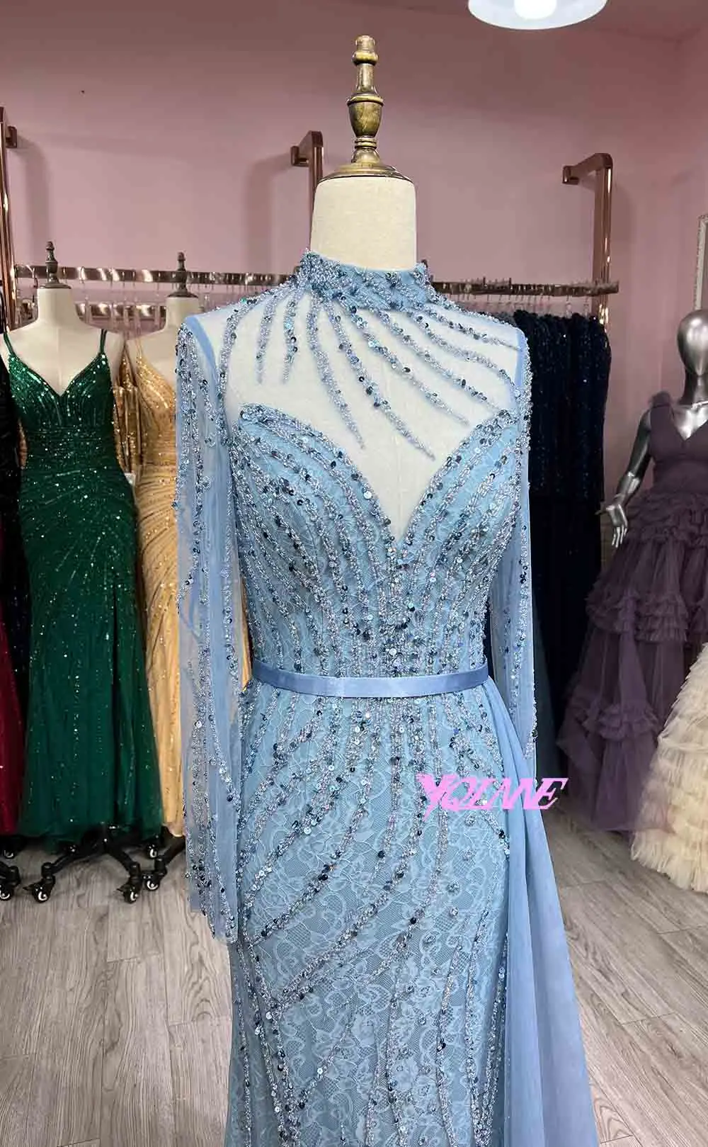 Elegant Long Sleeve Navy Rhinestones Evening Dresses High Neck Tulle Lace Beaded Formal Women Party Gowns Mermaid