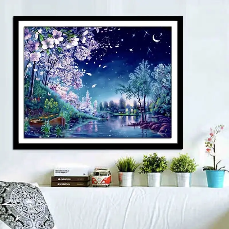 

Needlework, Cross Stitch Full Embroidery Kit,Village Night Cherry Flower Tree Landscape Printed Pattern Handwork Painting Gift