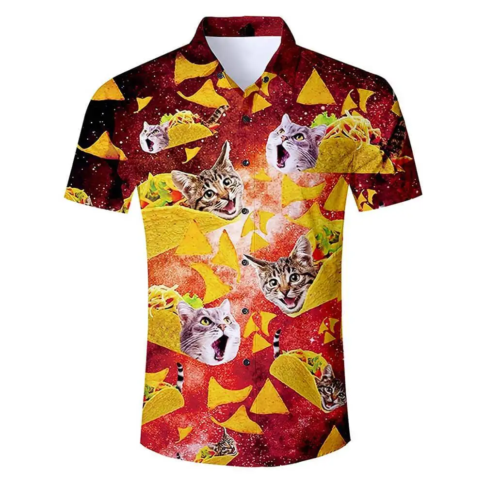 Camisas de manga corta Harajuku de verano, divertida camiseta hawaiana con estampado 3D de galaxia Taco Pizza Cat, camisa informal Harajuku para hombre, envío directo