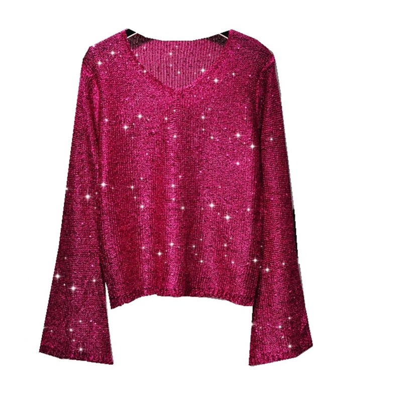 Women Clothes 2024 Korean Fashion Sequins V-neck Big Trumpet Sleeve Hollow Out Light Silk Knitting Sweater Sheet Metal Coat