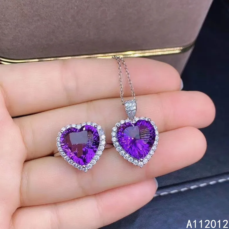 

KJJEAXCMY fine jewelry natural Amethyst 925 sterling silver girl pendant necklace ring set Gift Birthday Party Wedding Engagemen