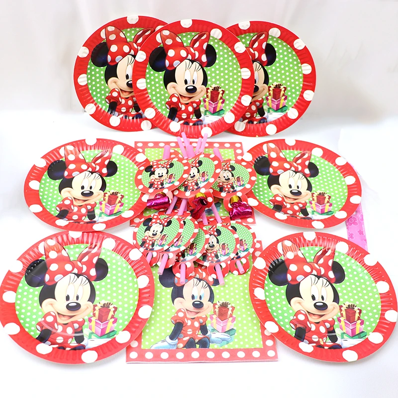 Red Minnie Party Supplies Set Disposable Tableware Minnie Mouse Party Plate Cup Napkin Cartoon Kids Girl Birthday Party Supplies