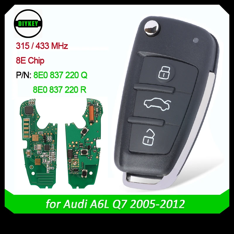 DIYKEY Smart Remote Key 3 Buttons 315MHz/433MHz ID48 / 8E Chip for Audi A6L Q7 2005-2012 8E0 837 220Q / 8E0 837 220 R