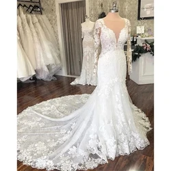 ANGELSBRIDEP Lace Mermaid Wedding Dresse Vestido De Noiva Sexy See-through Neck Formal Long Sleeves Bride Dresses Plus Size