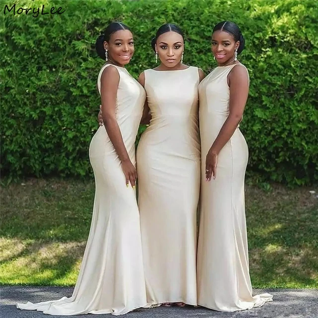 Ivory Bridesmaid Dresses Scoop Sleeveless Sweep Train Silk Satin Mermaid Wedding Party Bridesmaid Gowns With Zipper Back AliExpress