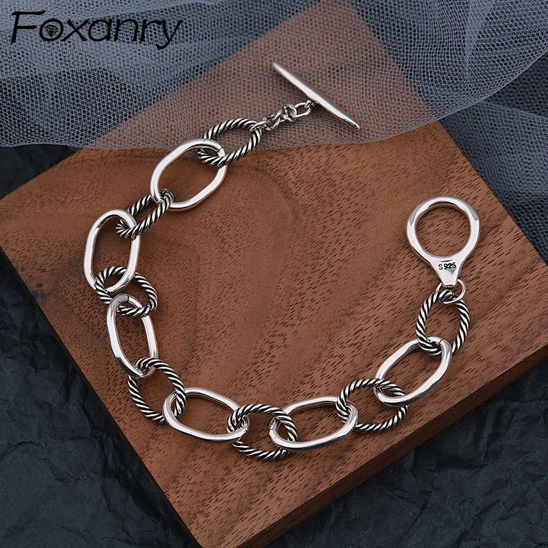 Foxanry Silver Color Thick Chain Twist Bracelets New Trendy Hip Hop Vintage Charming Simple OT Buckle Rock Party Jewelry