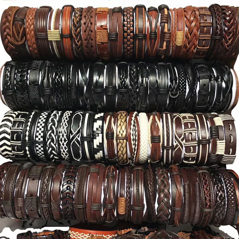 30pcs/Lot Bulk Vintage Leather Charm Bracelets For Men Women Mix Styles Adjustable Bangle Fashion Jewelry in Wholesale