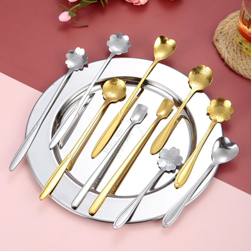 

Creative 304 stainless steel square head spoon long handle golden coffee mixing flower spoon bar ice spoon Mug Gift spoon