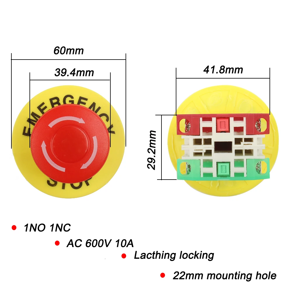 Plastic 1NO 1NC Emergency Stop Push Button Switch Latching Self Lock DPST Mushroom Cap AC 600V 10A Switch Button