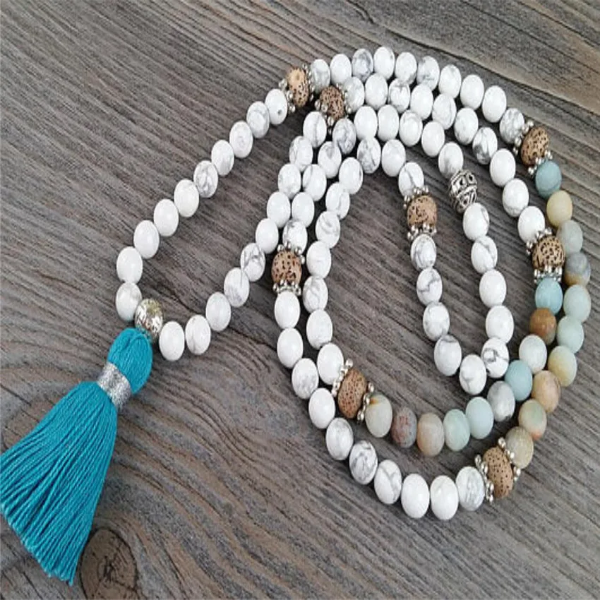 

8mm White howlite Amazonite Mala Bracelet 108 Beads Gemstone spirituality natural yoga energy chain Bless Gemstone Healing Veins