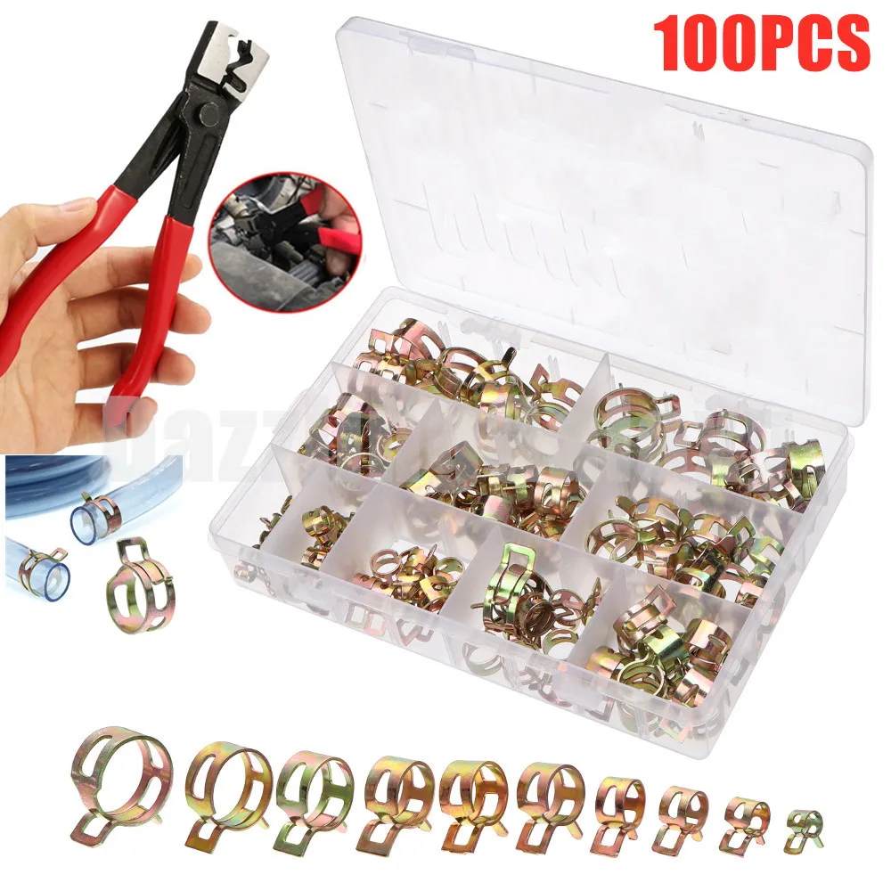 

100PCS 6-22mm Spring Clip Fuel Hose Clamp Zinc Plated Hose Fuel Line Clamp + Hose Plier Kit Using for Boats Motorcycles