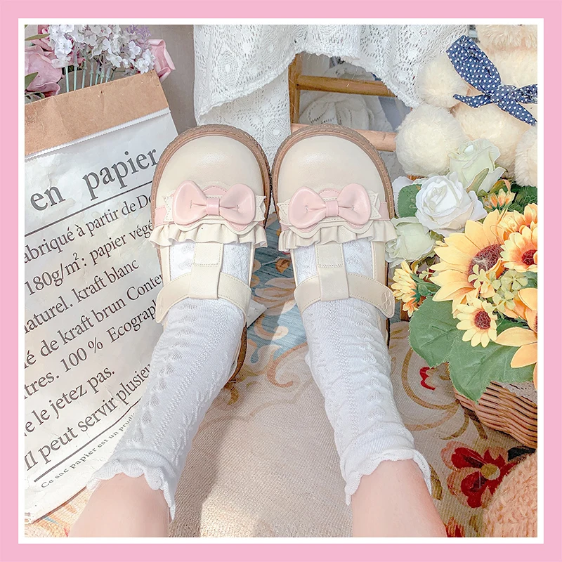 Japanese Lolita Round Head Cute Shoes Student Flat Lolita Single Shoes Soft Girl Kawaii Shoes Cosplay Loli Daily Single Shoes