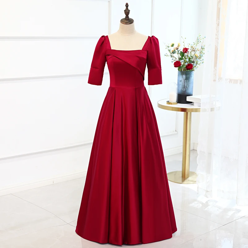 

Burgundy Elegant Square Collar Evening Dress Simple A-Line Short Sleeves Floor-Length Lace Up Party Formal Dresses Woman B1191