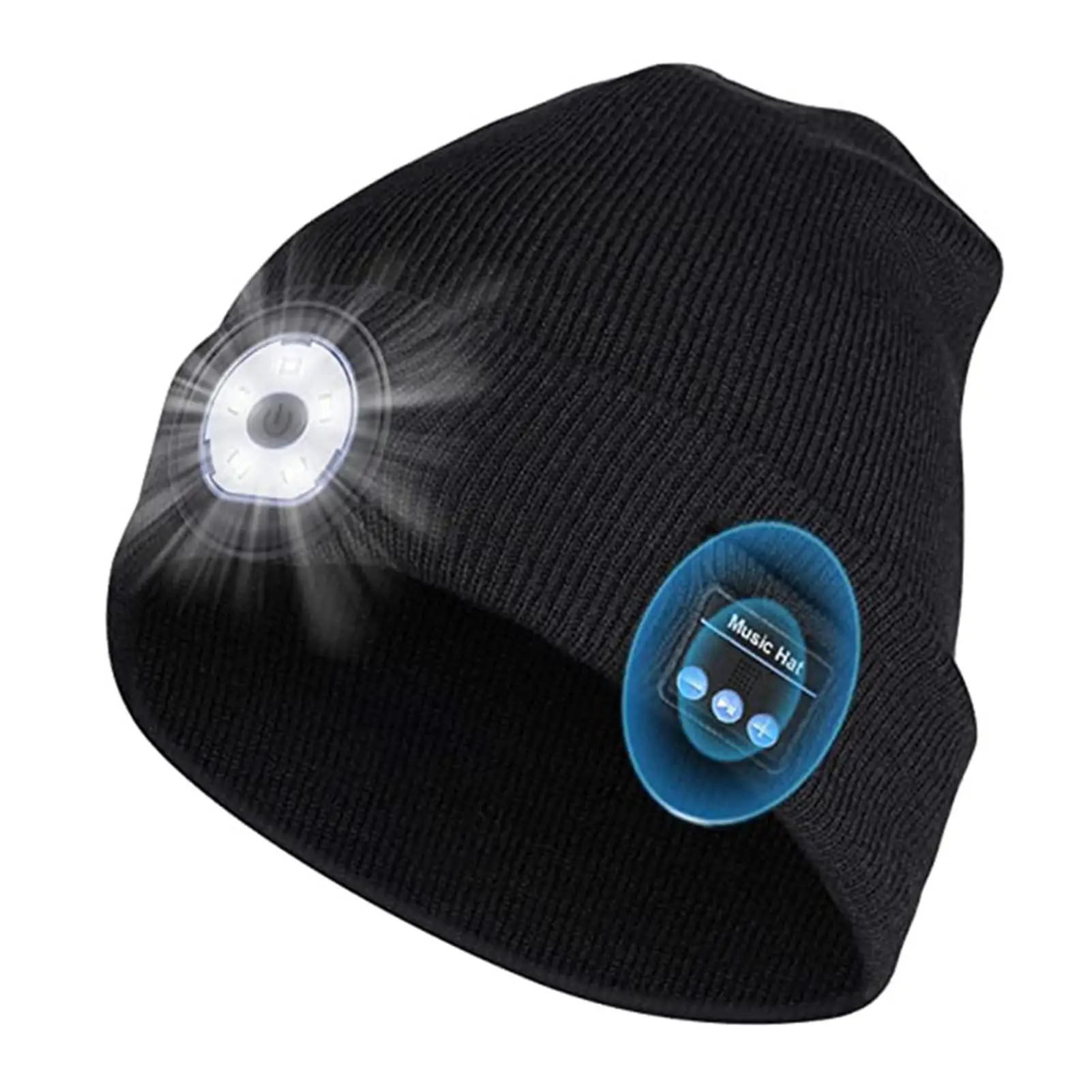 Winter Beanie Hat Unisex Beanie Soft Black Knitted Hat Wireless Bluetooth 5.0 Smart Cap Headphone Headset with LED Light