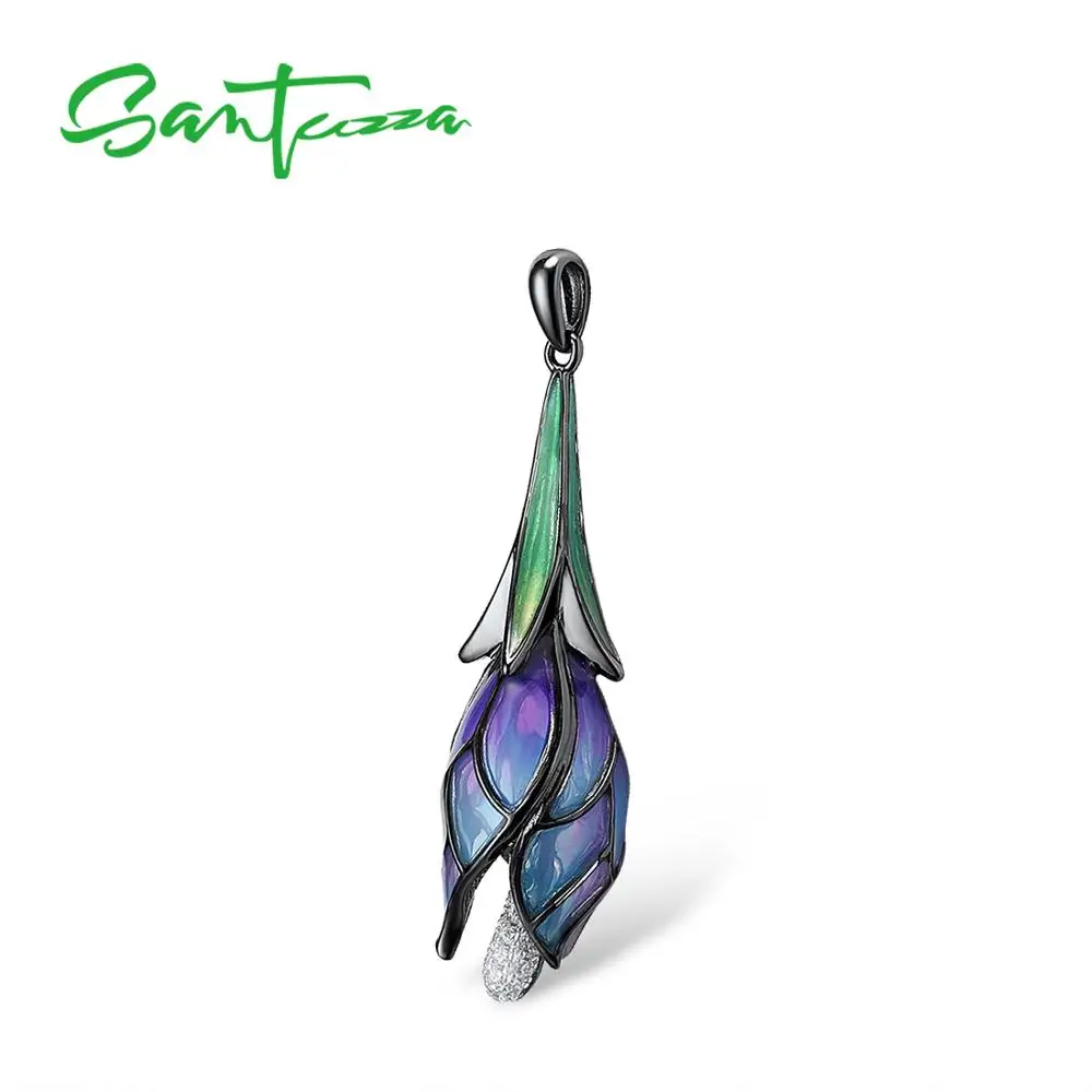 SANTUZZA Silver Pendant for Women Pure 925 Sterling Silver Elegant Drop Purple Flower Trendy Chic Fine Jewelry HANDMADE Enamel